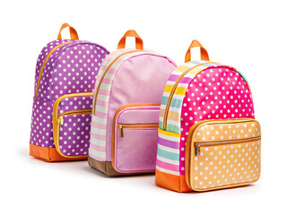 Three colorful backpacks with different patterns and designs standing side by side on a white surface