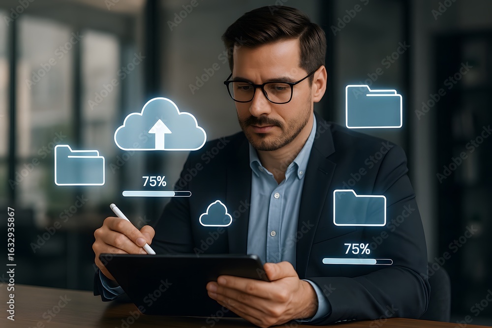 Poster cloud computing technology businessman using digital tablet for data storage