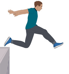 parkour, male athlete in mid-air leaping from a tall building isolated on a white background