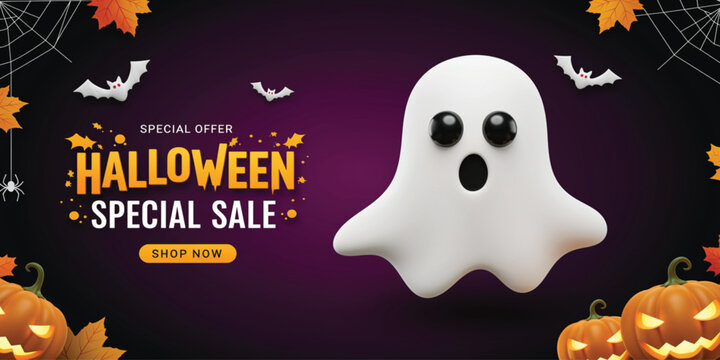 Halloween Special Sale Banner with Ghost and Pumpkins. Halloween Background Vector