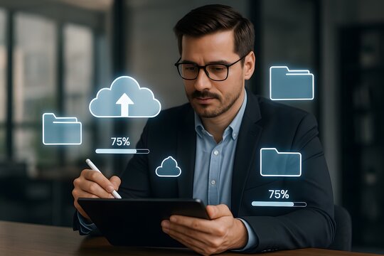 Cloud computing technology businessman using digital tablet for data storage