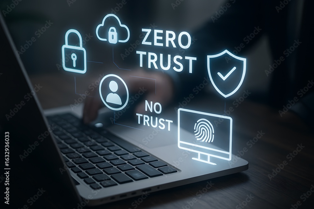Aufkleber cybersecurity zero trust network access security model on laptop security concept