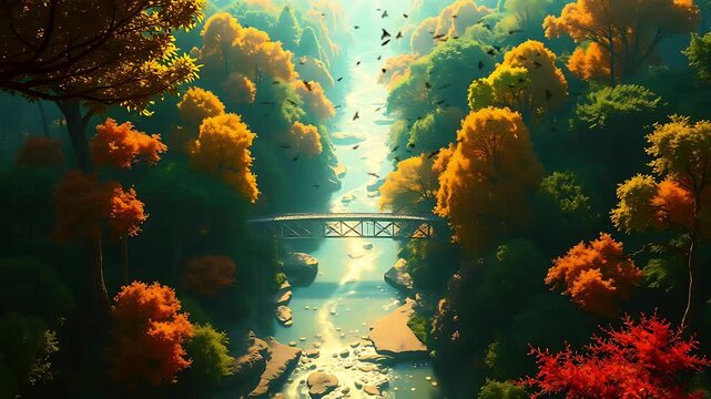Autumnal Forest River Scene With Bridge