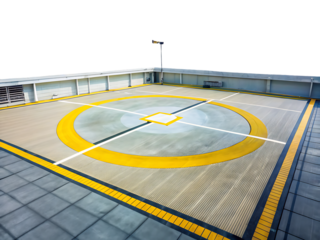 Rooftop helipad with yellow circular and linear markings and a flagpole on a dark background helicopter isolated on a transparent background