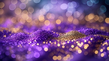 Gradient purple and gold glitter bokeh background 