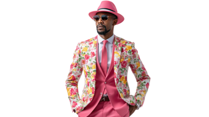 Stylish Floral Suit: A man stands confidently in a vibrant floral suit, sporting a pink fedora and sunglasses, a captivating display of modern fashion
