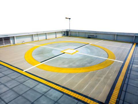 Rooftop helipad with yellow circular and linear markings and a flagpole on a dark background helicopter isolated on a transparent background