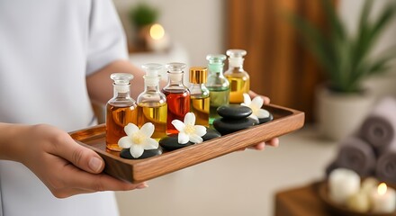 Aromatic essential oils on wooden tray with stones and flowers, promoting wellness and relaxation