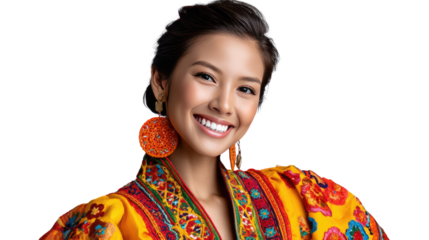 Vibrant Smile in Cultural Attire: A captivating woman with a radiant smile is dressed in colorful and traditional attire, embodying elegance and grace. 
