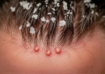 Close-up image of a forehead with skin issues alongside hair covered in flakes and dandruff