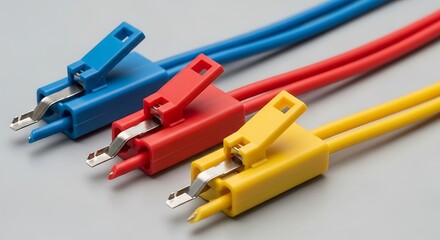 Brightly colored electrical connectors with metal clips in a tidy row arrangement