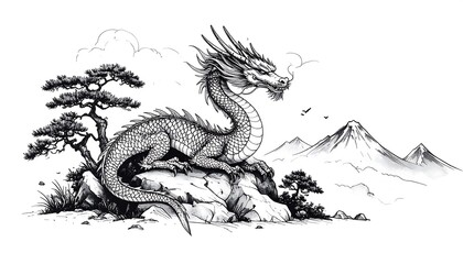 Obraz premium Majestic dragon resting on a rock, with a serene landscape behind