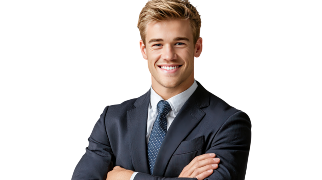 Confident Professional: A sharp, clean portrait of a successful young man, arms crossed, exuding confidence and approachability, ready to conquer business challenges with a bright smile.