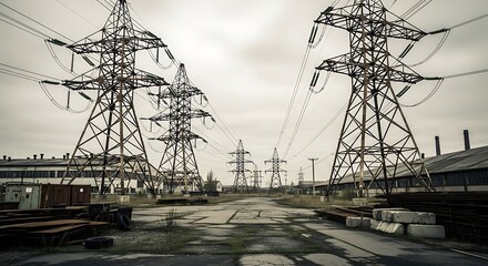 Industrial landscape showcasing towering electricity pylons against a muted sky backdrop
