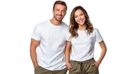 Smiling Couple in Casual Attire: A happy couple, dressed in matching t-shirts, exudes joy and closeness as they smile directly at the viewer, symbolizing companionship and modern lifestyle.