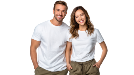 Smiling Couple in Casual Attire: A happy couple, dressed in matching t-shirts, exudes joy and closeness as they smile directly at the viewer, symbolizing companionship and modern lifestyle.