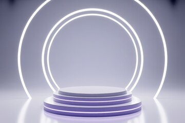 Obraz premium Podium background 3D light tech stage future platform game abstract. Podium 3D background technology room product circle glow effect portal stand studio scene white design ring modern display space.