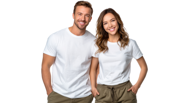 Smiling Couple in Casual Attire: A happy couple, dressed in matching t-shirts, exudes joy and closeness as they smile directly at the viewer, symbolizing companionship and modern lifestyle.