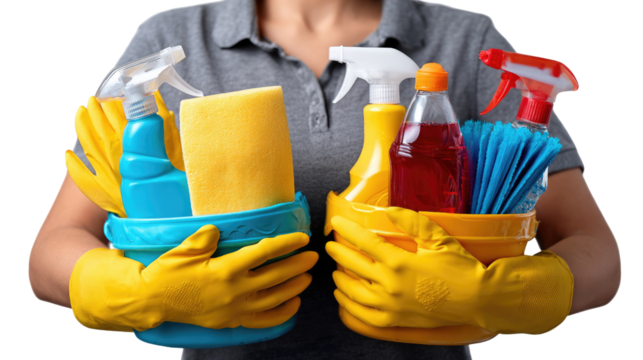 Cleaning Supplies in Hand: A person holds two basins brimming with cleaning essentials. The scene captures domesticity and hygiene.