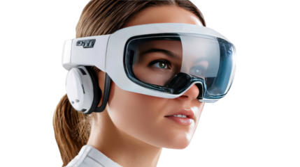 Tech-Savvy gaze: a young woman's intense focus and future is epitomized by futuristic technology glasses, inviting viewers to explore realms of innovation, imagination, and advanced capabilities.