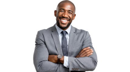 Confident African-American Business Portrait: Capturing the essence of professionalism and approachability, this image showcases a smiling man exuding confidence, making eye contact.