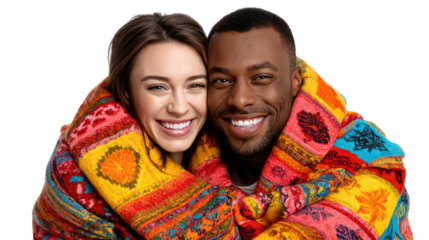 Cozy Embrace of a Duo: A joyful, diverse couple is enveloped in a vibrant, patterned wrap, radiating warmth and togetherness. A striking portrayal of affection and belonging.