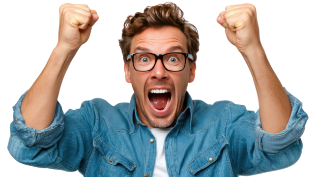 Excited Man Portrait: a close-up shot of a man expressing excitement and joy, captured in a dynamic and emotional image