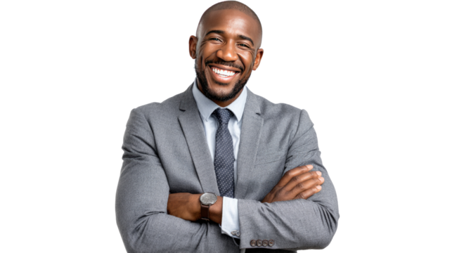 Confident African-American Business Portrait: Capturing the essence of professionalism and approachability, this image showcases a smiling man exuding confidence, making eye contact.