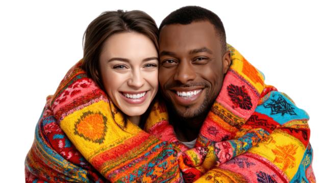Cozy Embrace of a Duo: A joyful, diverse couple is enveloped in a vibrant, patterned wrap, radiating warmth and togetherness. A striking portrayal of affection and belonging.