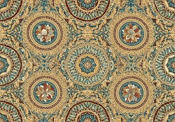 Intricate bohemian pattern showcasing concentric floral and circular elements with teal and gold