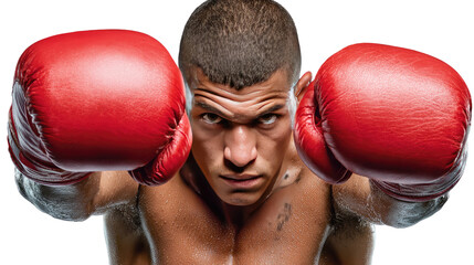 Focused Intensity: A boxer stares intensely forward, fists clad in boxing gloves ready for the fight