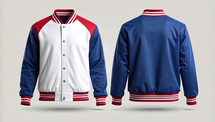 Classic red, white, and blue varsity bomber jacket mockup with front and back view