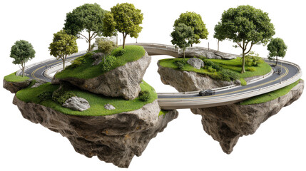 Floating Island Highway: A miniature diorama showcases a futuristic highway winding across floating islands, with lush greenery, adding a touch of fantasy and innovation