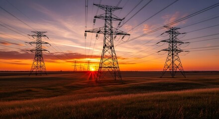 Power transmission towers silhouetted against a vibrant sunset over a golden landscape provides a