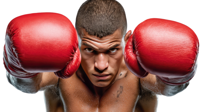 Focused Intensity: A boxer stares intensely forward, fists clad in boxing gloves ready for the fight