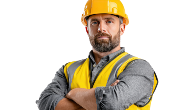 Construction Worker's Determined Gaze: A focused construction worker with a yellow safety helmet and reflective vest, portraying strength and professionalism, stands confidently.
