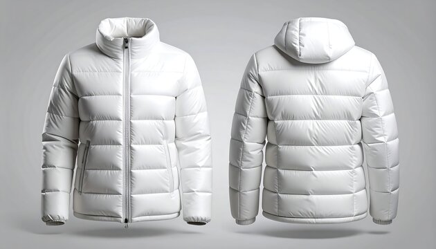 White puffer down jacket with hood. Front and back view for apparel mockup design.