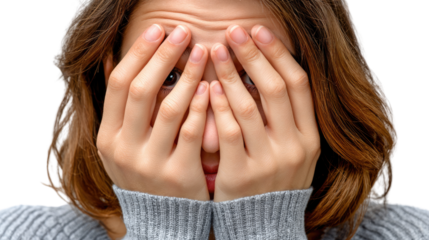 Shyness Portrait: Capturing the essence of vulnerability, a person uses their hands to shield their face in a moment of introspection and anxiety.