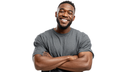 Joyful Portrait: A close-up portrait of a confident man, exuding positivity, with a radiant smile and arms crossed, conveying a sense of assuredness and approachability.