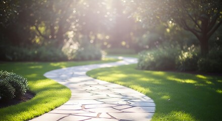 Serene garden pathway beckons with dappled sunlight and manicured verdant lawns ambiance
