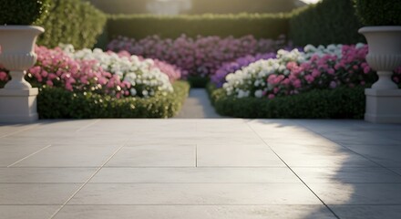 Serene garden walkway featuring floral borders and manicured greenery in the late afternoon sun