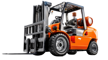 Industrial Forklift: A vibrant orange industrial forklift stands poised, a symbol of logistics and efficiency in a distribution center or warehouse, with detailed components in sharp focus.