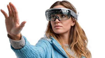 Augmented Reality Goggles: A woman dons a sleek, futuristic headset, gesturing towards a digitally enhanced world, embodying the promise of technological innovation and immersive experiences.