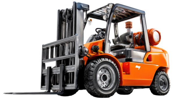 Industrial Forklift: A vibrant orange industrial forklift stands poised, a symbol of logistics and efficiency in a distribution center or warehouse, with detailed components in sharp focus.