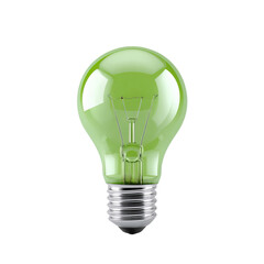 A green incandescent light bulb with a metallic screw base and glass cover, used for general illumination in households.