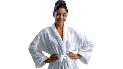 Relaxed and Radiant: A serene woman, draped in a soft white bathrobe, exudes tranquility and contentment. A perfect embodiment of beauty, wellness, and self-care. 