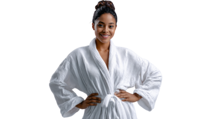 Relaxed and Radiant: A serene woman, draped in a soft white bathrobe, exudes tranquility and contentment. A perfect embodiment of beauty, wellness, and self-care. 