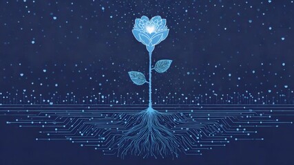 Glowing blue flower with roots intertwined with circuit board design on a dark blue background, scattered light dots - Powered by Adobe