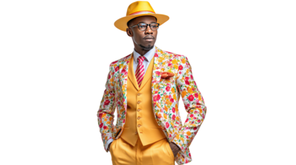 The Stylish Gentleman: A dapper gentleman, adorned in a vibrant floral suit and elegant hat, exudes confidence and panache, radiating timeless style and individual flair.