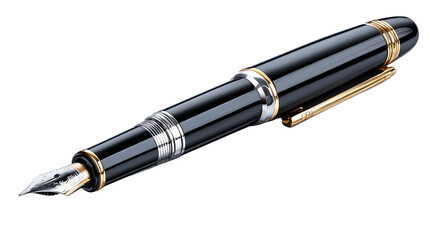 Naklejka premium Elegant Fountain Pen: A close-up shot of a classic fountain pen, showcasing its sleek black design with golden accents and nib. A symbol of sophistication and timeless writing.
